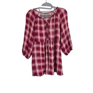Maeve by Anthropologie Top Womens SZ XS Pink Plaid Cavalon Tunic Boho 3/4 sleeve
